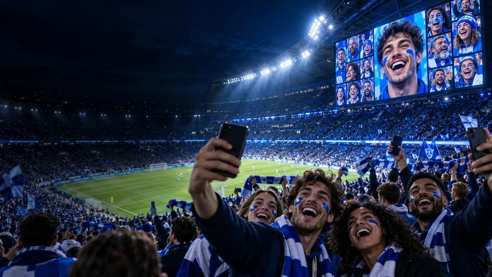 Supporters se prenant en photo dans un stade, portraits projetés sur l'écran géant